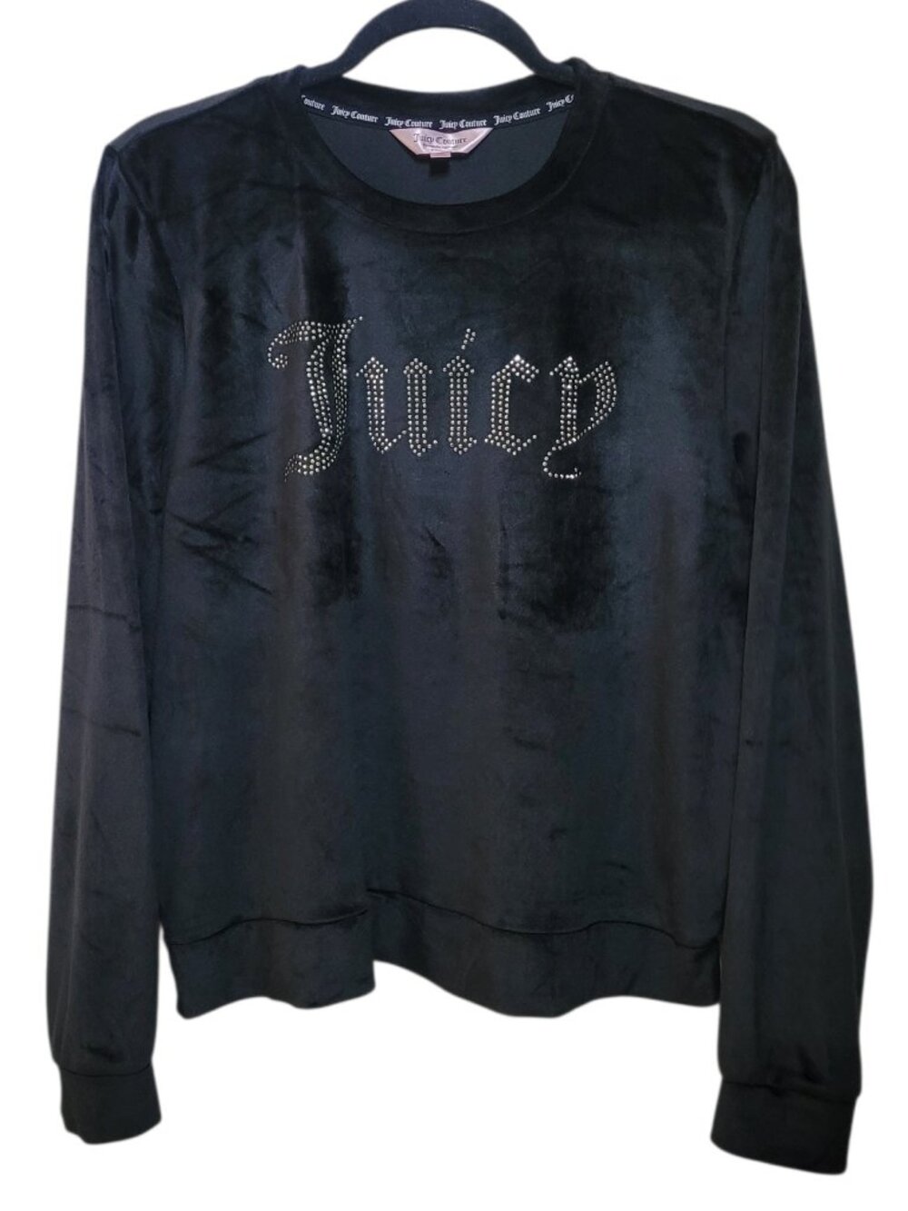 Juicy Couture Black Velour Sweatshirt Rhinestone XL Gothic Logo Crewneck Y2K